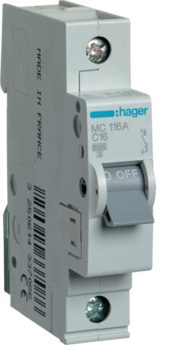 ᐉ Вводный автомат Hager MC116A 1P 6 kA C-16A 1M 16 А однополюсный .