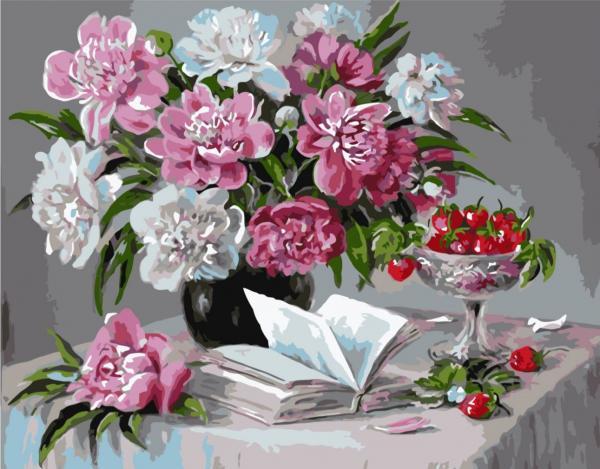 Набор для росписи по номерам Strateg Пионы и клубники 40х50 см (VA-0313-mt)