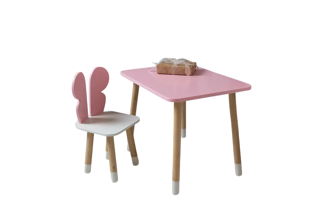 Набор детский прямоугольный столик со стульчиком Бабочка деревянная 46х60х45 см Бело-розовая (150-7-255122)