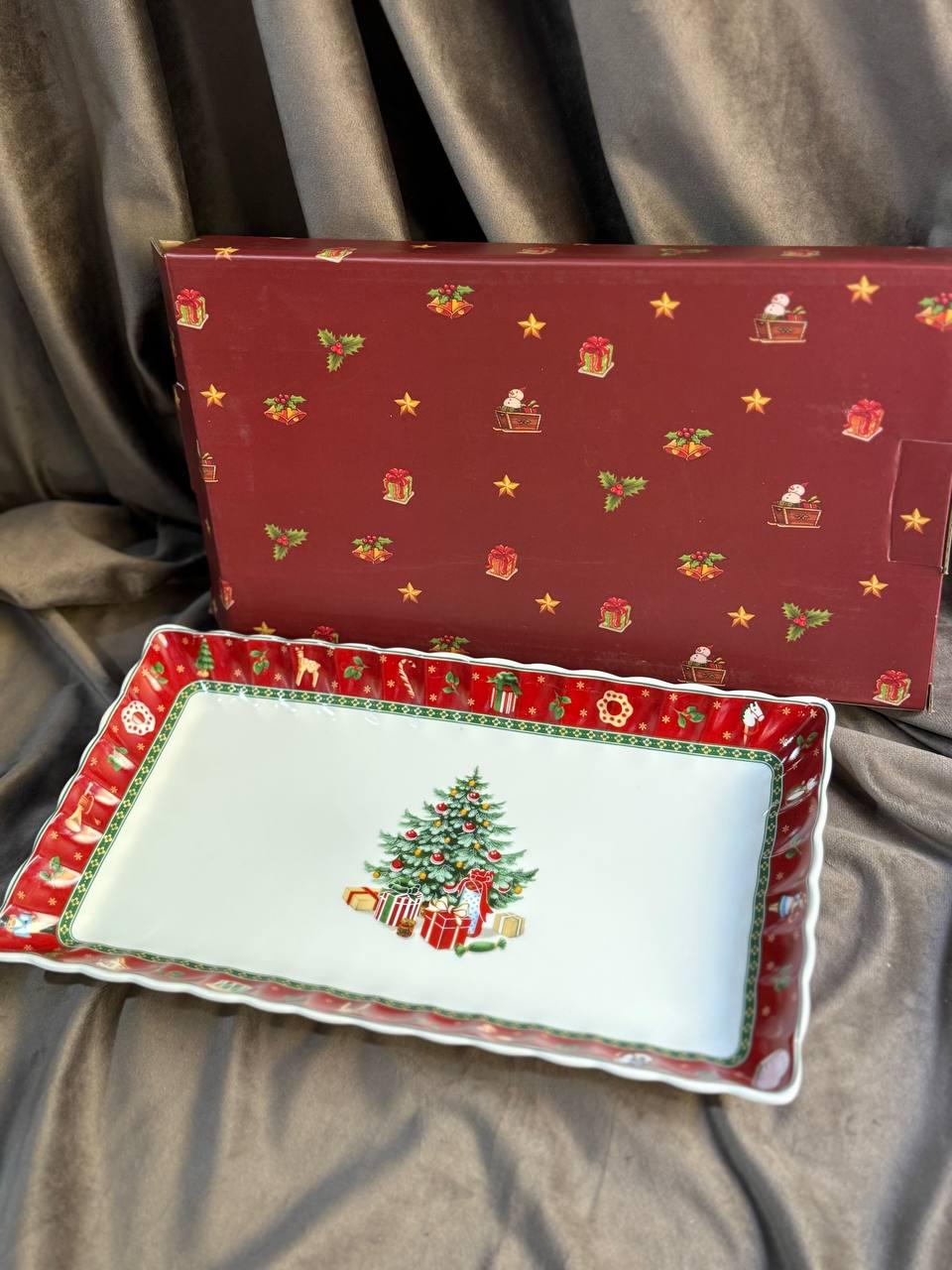 Блюдо сервировочное новогоднее YIWU Christmas фарфор в подарочной коробке 30,5х17,5х2,5 см (HP-SDHK-21)