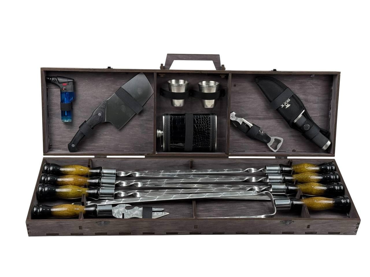 Набор шампуров GrillMaster Вуд двойной шампур/тесак/нож/фляга нержавеющая сталь 3 мм 17 пр. (10-164-NB-3006)