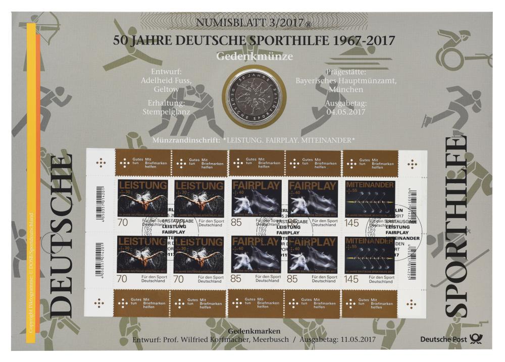 Коллекционная монета Германия 20 евро 2017 серебро AU-UNC D Немецкий фонд по поддержке спорта в сувенирной упаковке (М21733)