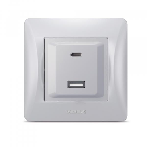 Розетка Videx USB-A + USB-C PD20 W Срібний шовк