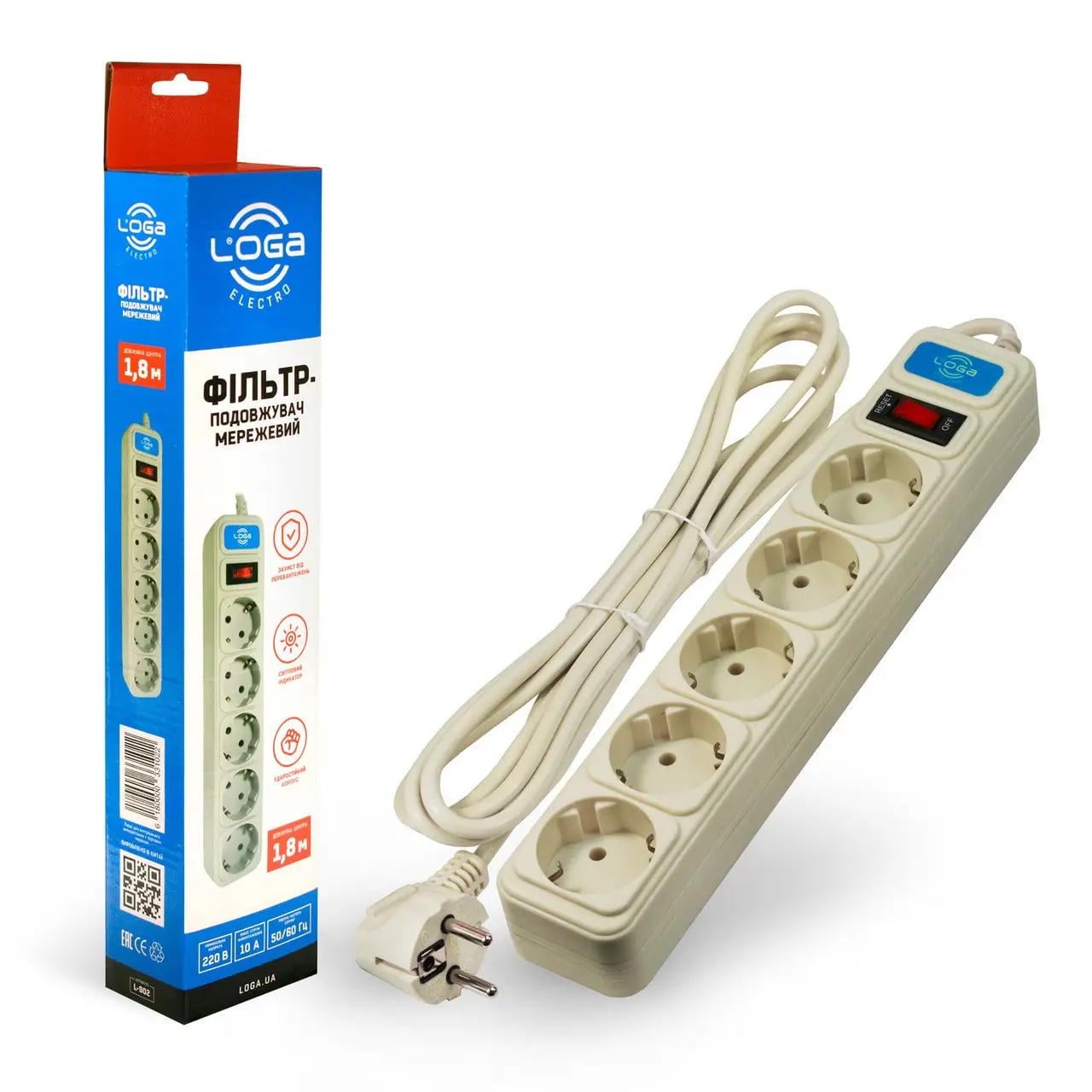 Фільтр-подовжувач п'ятимісний Loga 1,8 м 3х0,75 мм2 10А 1800 Вт (27848608)