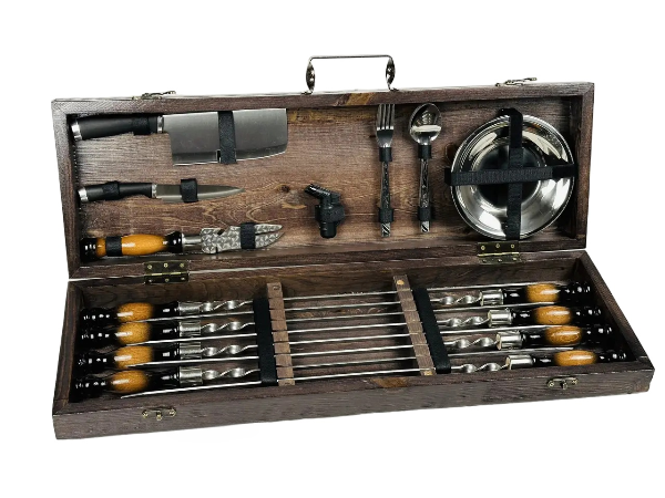 Набір шампурів у кейсі Голд середній дерев'яний з нержавіючої сталі (2-10-KS-7606) - фото 5 Набір шампурів у кейсі Голд середній дерев'яний з нержавіючої сталі (2-10-KS-7606) - фото 5