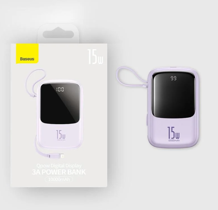 Повербанк BASEUS Qpow 10000 mAh 15W с LED-дисплеем и встроенным кабелем Lightning Фиолетовый
