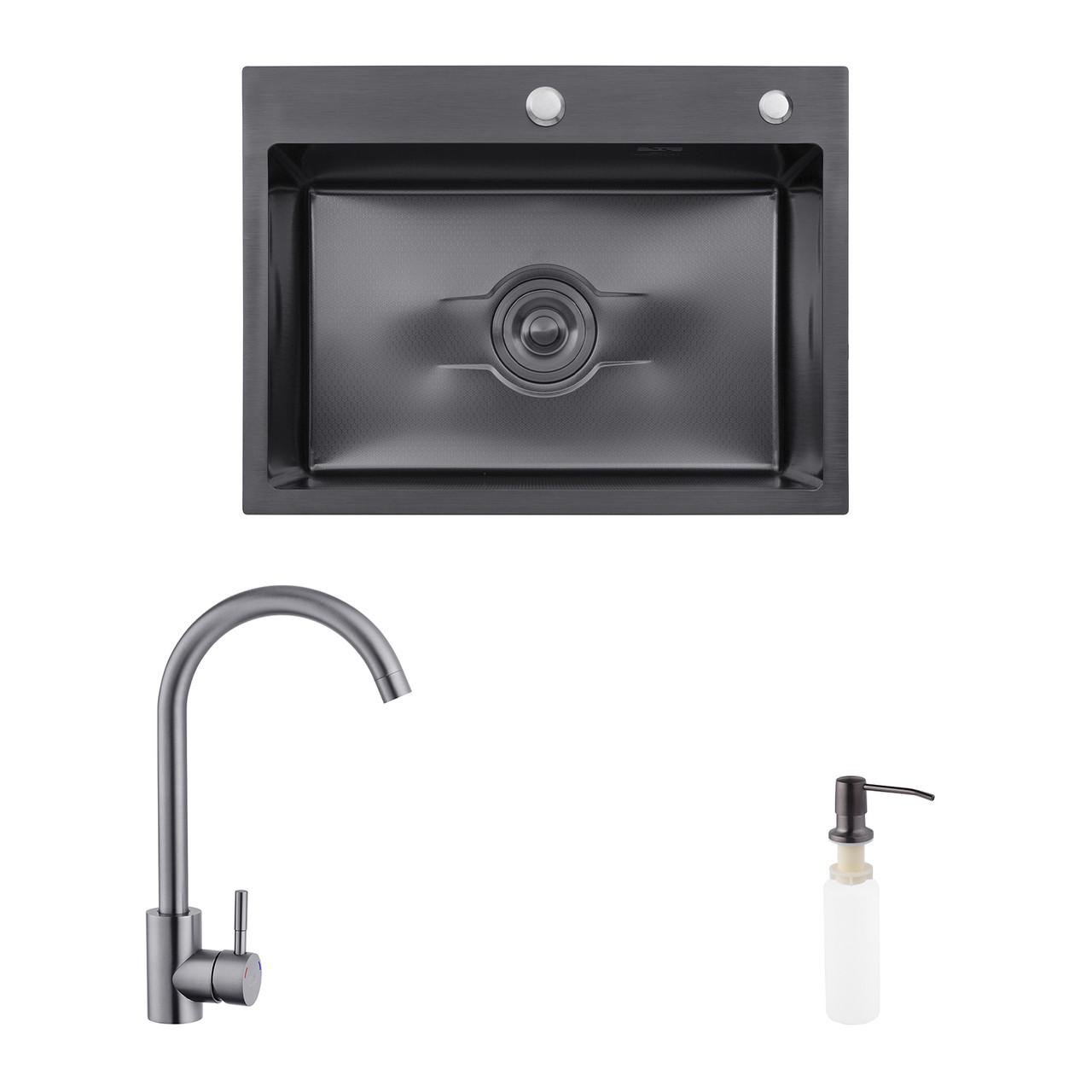 Комплект кухонна мийка Kroner Derby-5843HM PVD/змішувач Edelstahl Klassisch-SCH035PVD/дозатор Spender-026 (2739014412)