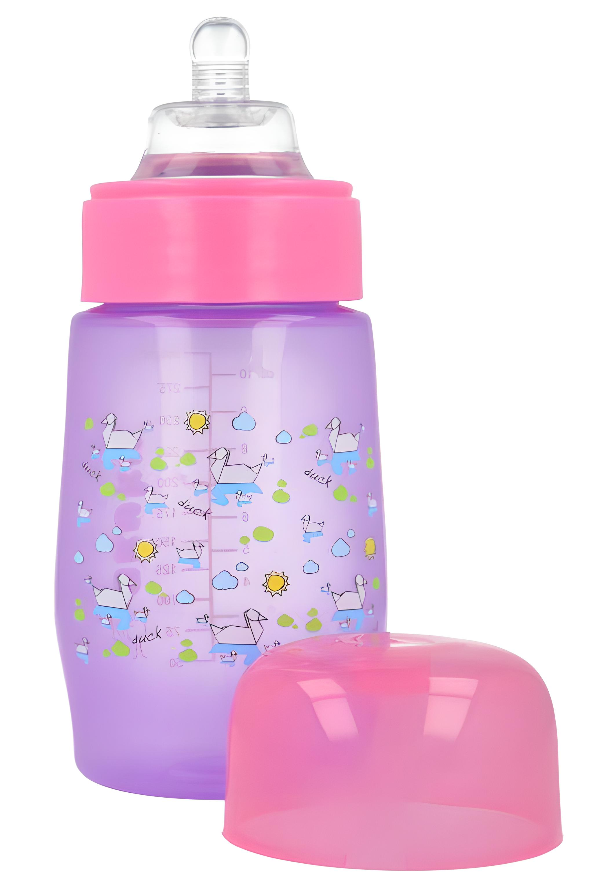 Пляшка пластикова з малюнком та силiконовою соскою широкий отвір 250 мл Рожевий (0212)