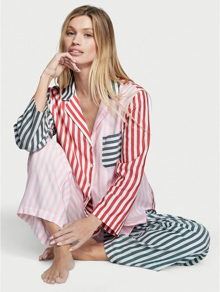 Піжама жіноча Victoria's Secret Flannel Long Pajama Set фланелева в смужку M Білий (15339725)