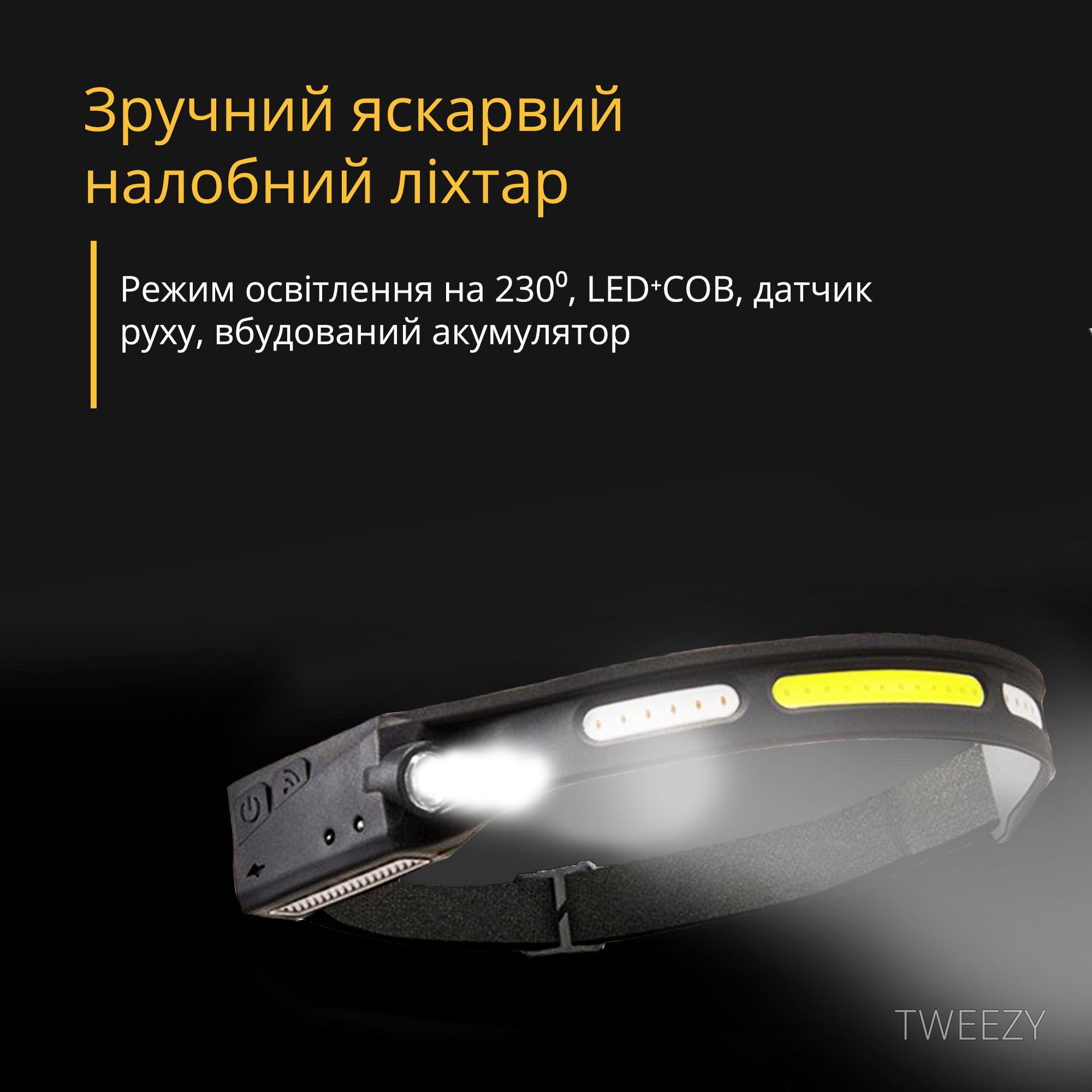 Фонарь налобный LED COB с датчиком движения Черный (00058) - фото 2