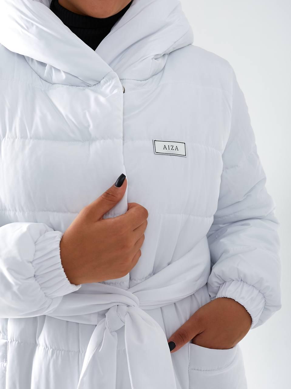 Пуховик длинный Aiza на поясе кнопках молнии и с капюшоном А032 р. 54-56 Белый - фото 6