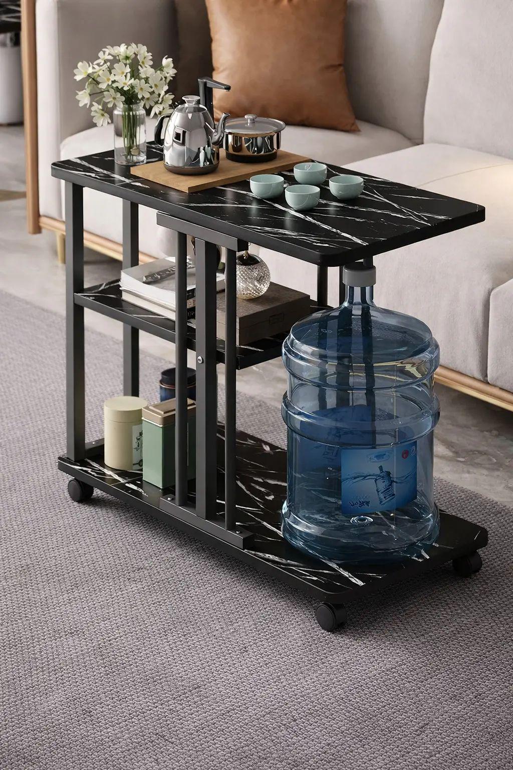 Столик интерьерный приставной на колесиках AND-1941 с металлическим каркасом и имитацией черного мрамора