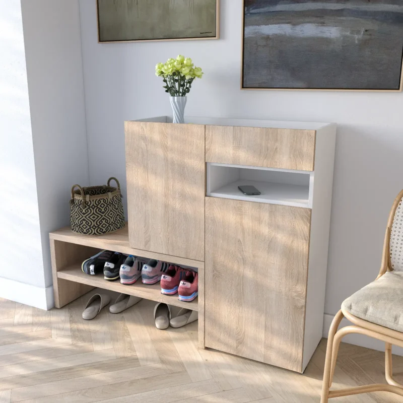 Тумба-подставка RS-4 для обуви в прихожую с дверцей и ящиком 1350х400х1017 мм ДСП 16 мм Белый/Дуб Сонома (20288708) Тумба-подставка RS-4 для обуви в прихожую с дверцей и ящиком 1350х400х1017 мм ДСП 16 мм Белый/Дуб Сонома (20288708)