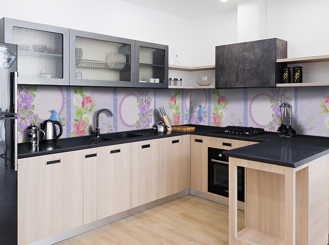 Кухонный фартук Синие птицы из самоклеющейся виниловой пленки 60х250 см Фиолетовый