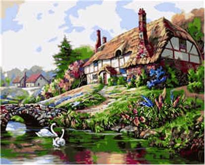 Картина по номерам Strateg Деревенская Дом у озера в термопакете 40х50 см (VA-0208-mt)