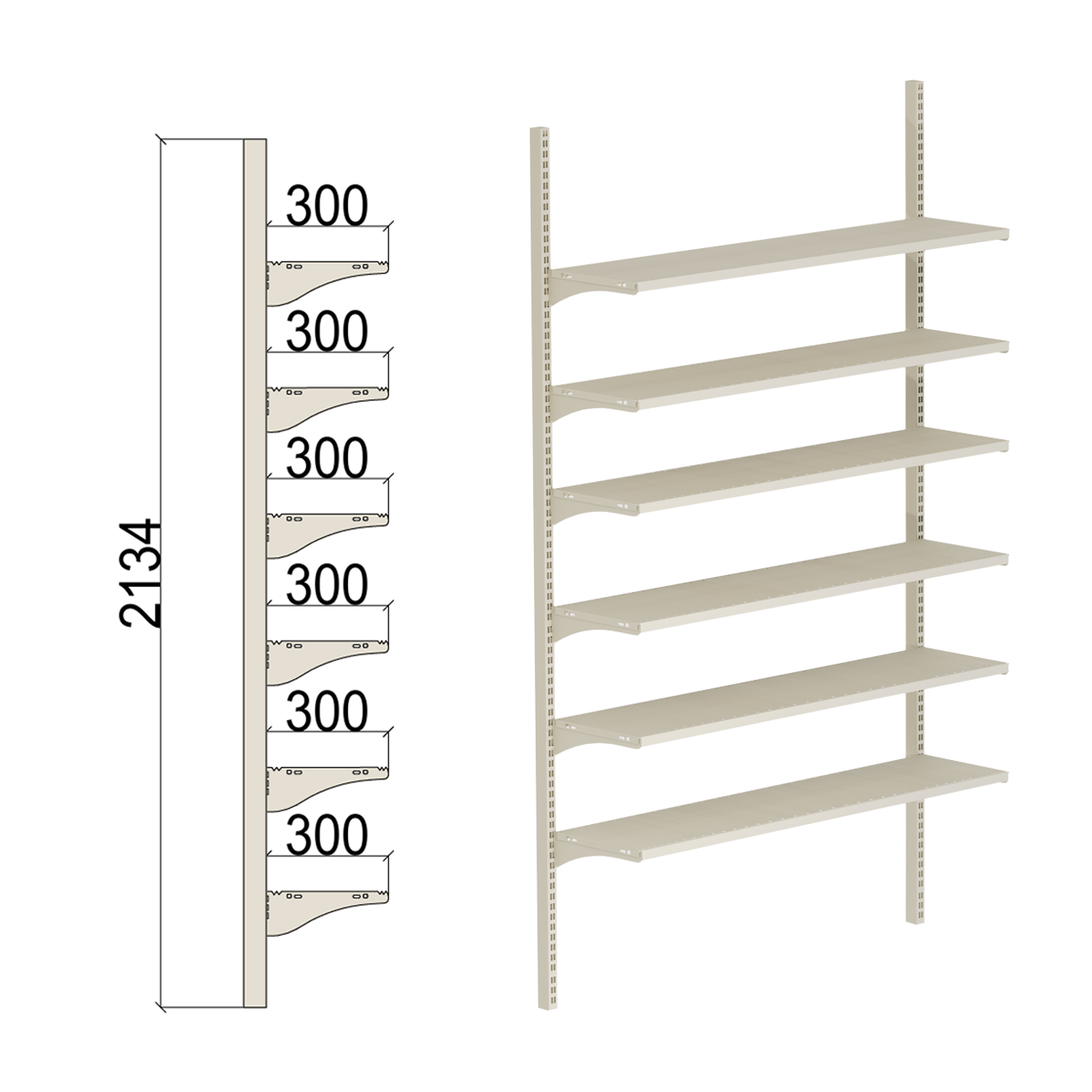 Стеллаж настенный металлический Modern Expo 6 полок нагрузка до 350 кг 2134х1250х300 мм Кремовый (RAL 9001)