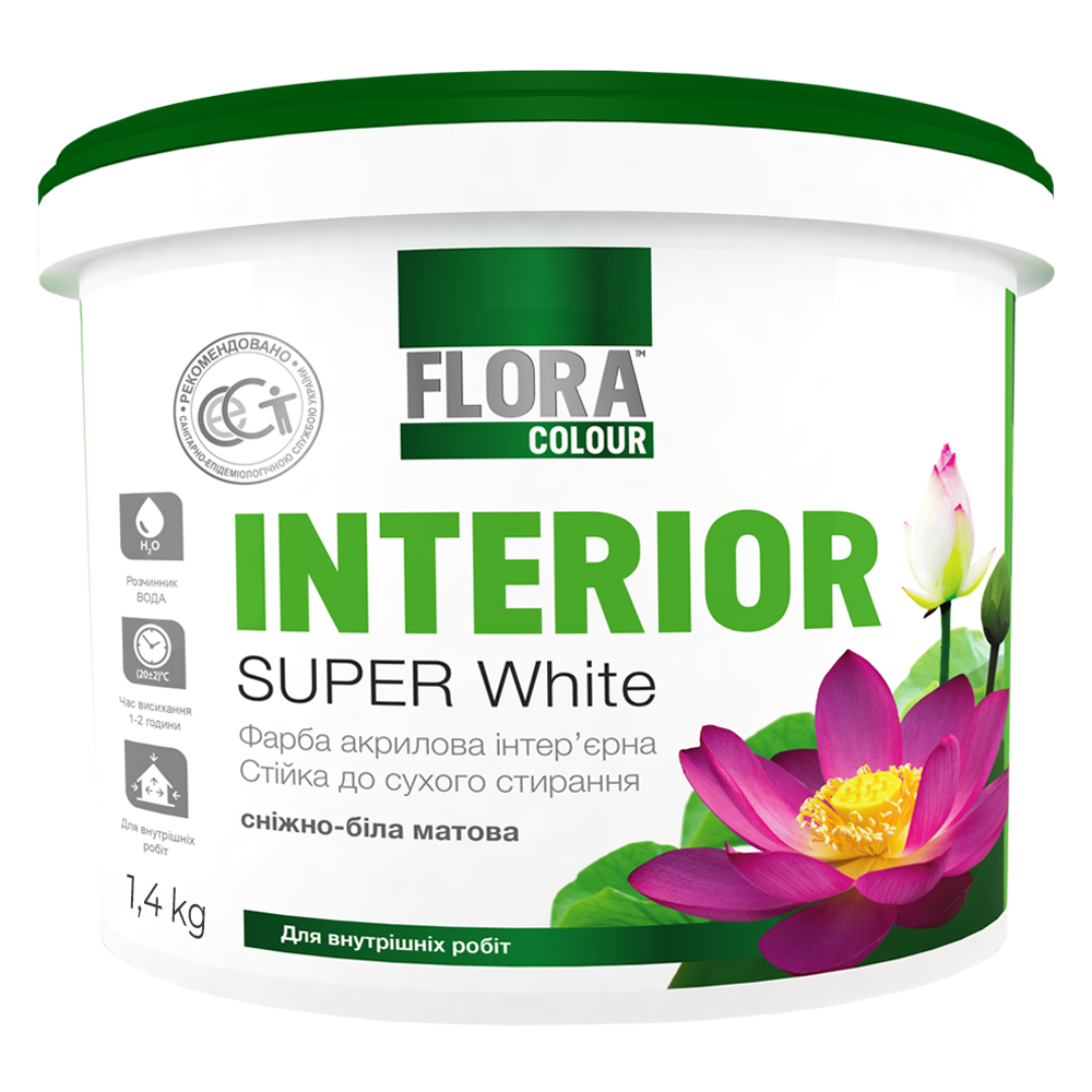 Фарба інтер'єрна Flora Colour для стель/стін стійка до сухого стирання 1,4 кг (3966) Фарба інтер'єрна Flora Colour для стель/стін стійка до сухого стирання 1,4 кг (3966)