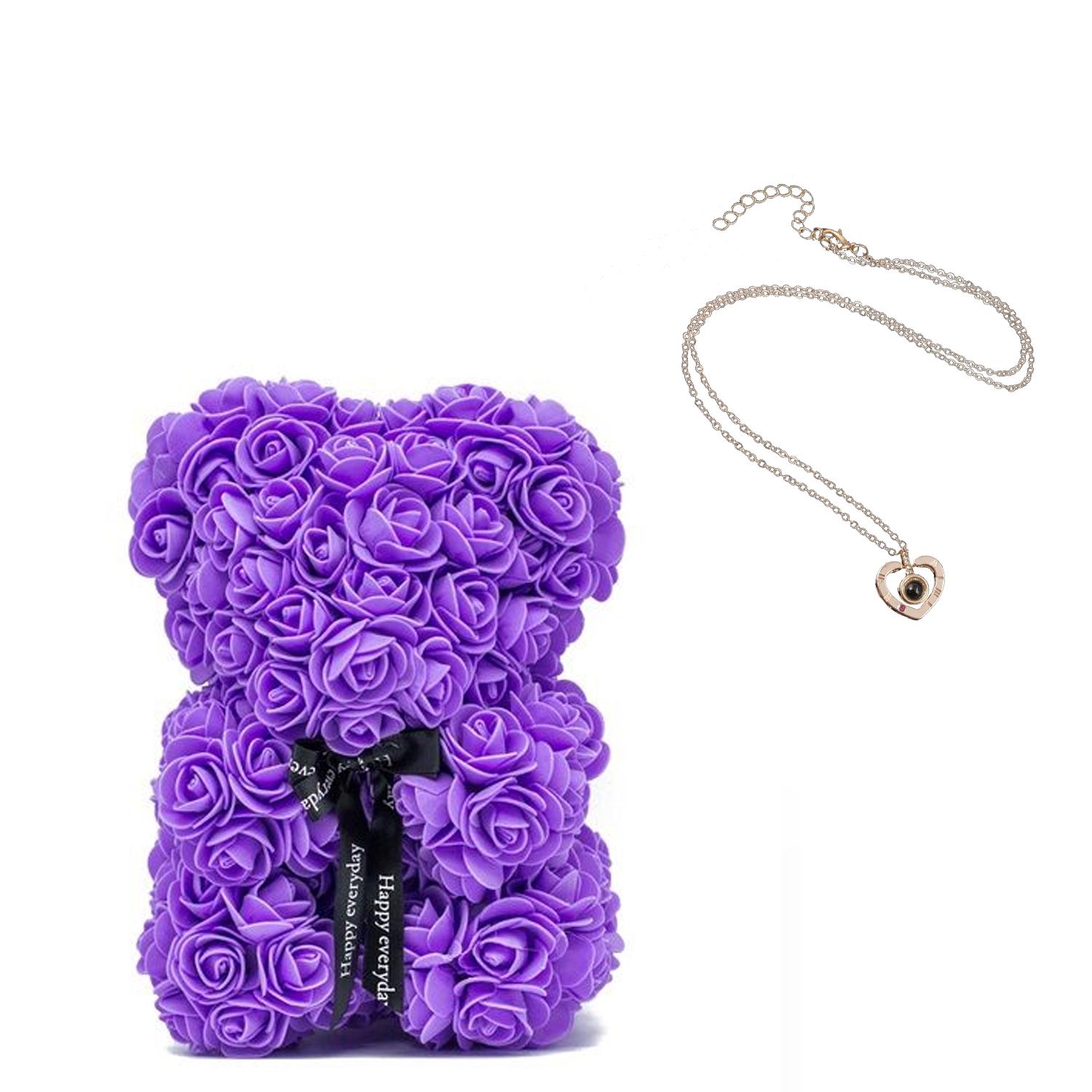 Мишка из роз с сердцем Flower Bear 25 см з кулоном I love you Purple