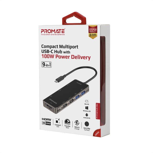 USB-C хаб 9в1 Promate PrimeHub-Go USB-C PD/HDMI/2xUSB 3.0/2xUSB 2.0/RJ45/SD/MicroSD Grey - фото 8