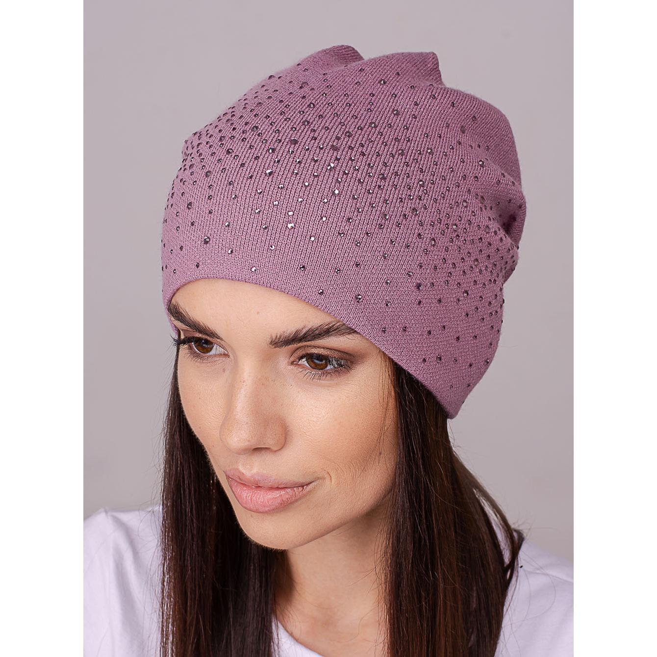 Шапка женская Leks ДЕНИМ с добавлением кашемира сзади скреплена утеплена флисом и украшена стразами one size Лиловый (205433)