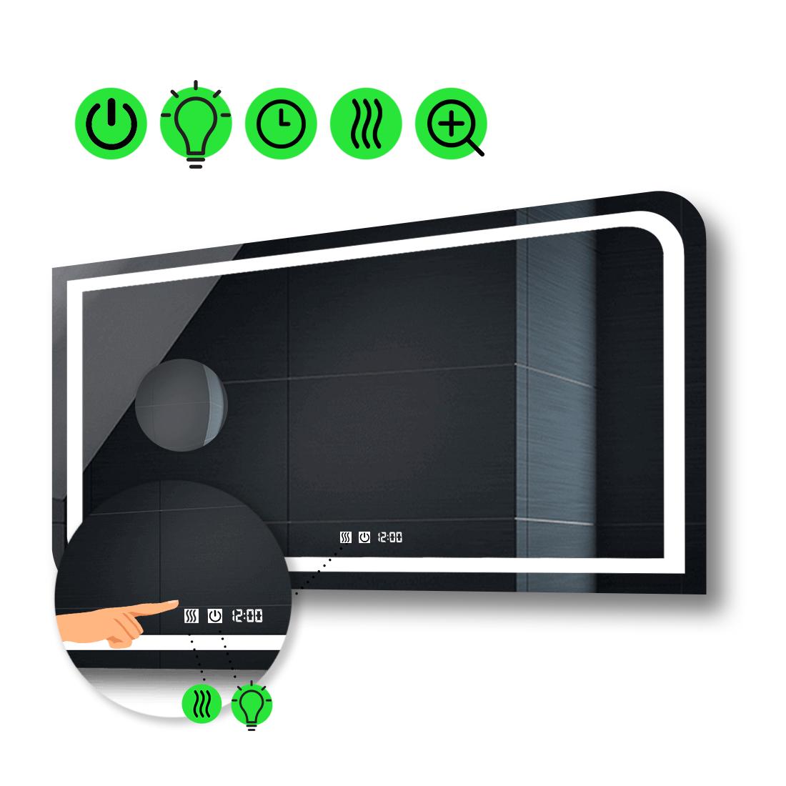 Дзеркало з LED підсвіткою Noemi з двома сенсормаи/годинником/підігрівом і лінзою без підсвітки100x70 см (Neomig139)