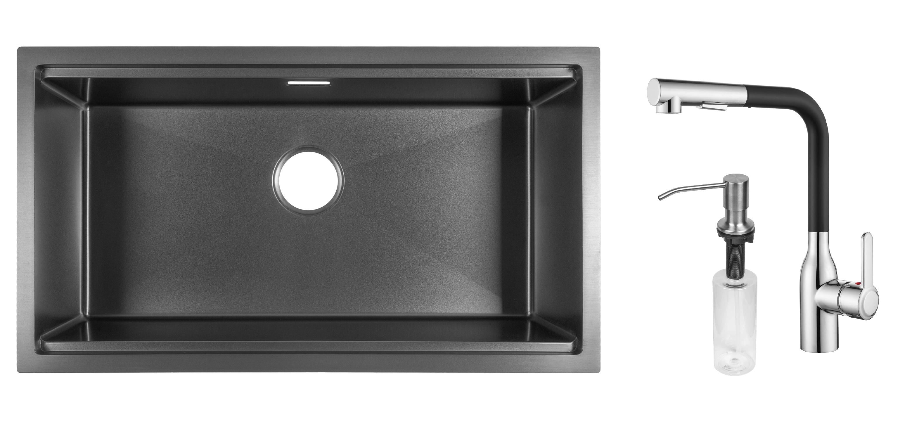 Комплект из кухонной мойки Gunter&Hauer Federbach 8022 Black кухонного смесителя Gunter&Hauer DUNKEL Cr-Bl и дозатора Gunter&Hauer Soap Dispenser Inox