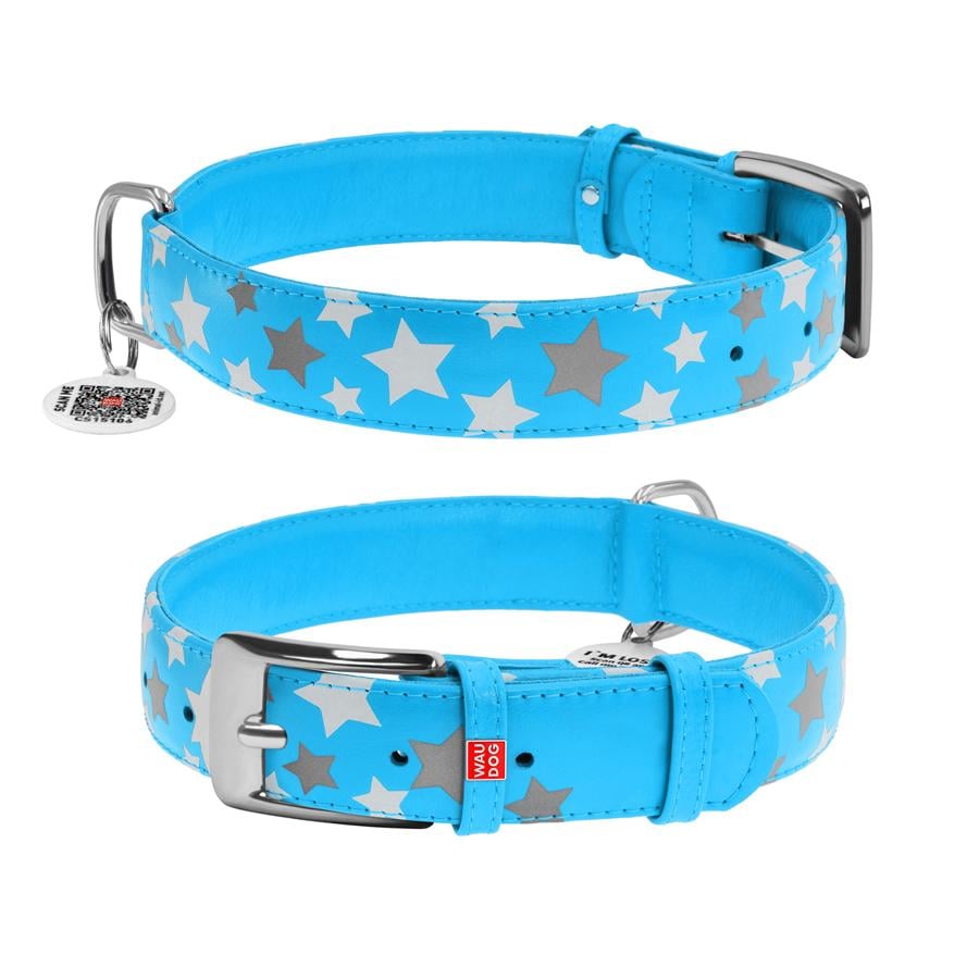 Нашийник для собак з QR-паспортом Waudog Glamour Зірочка шкіряний світиться/світловідбиваючий XL 35 мм 46-60 см Blue (35882) - фото 1 Нашийник для собак з QR-паспортом Waudog Glamour Зірочка шкіряний світиться/світловідбиваючий XL 35 мм 46-60 см Blue (35882) - фото 1