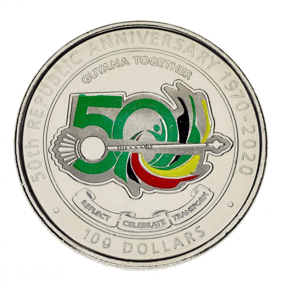 Коллекционная монета Гайана 100 долларов 2020 UNC Памятная 50 лет Республике