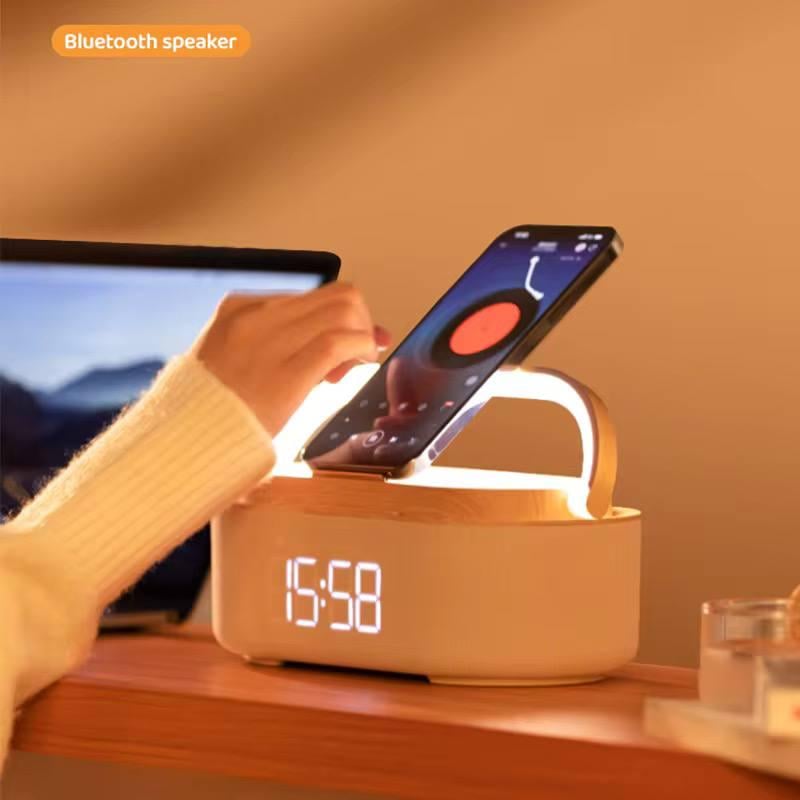 Портативная колонка Manta Verona 7в1 ночник/радио FM/будильник с беспроводной зарядкой с аккумулятором Бежевый (K1) - фото 3