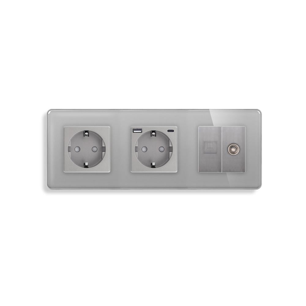 Розетка ELIOS з USB 20Вт інтернет RJ-45/ТВ виходом із заземленням/шторками 250В 16А скляна рамка Сірий (TW-M3FGACCAT6PTY-GY)
