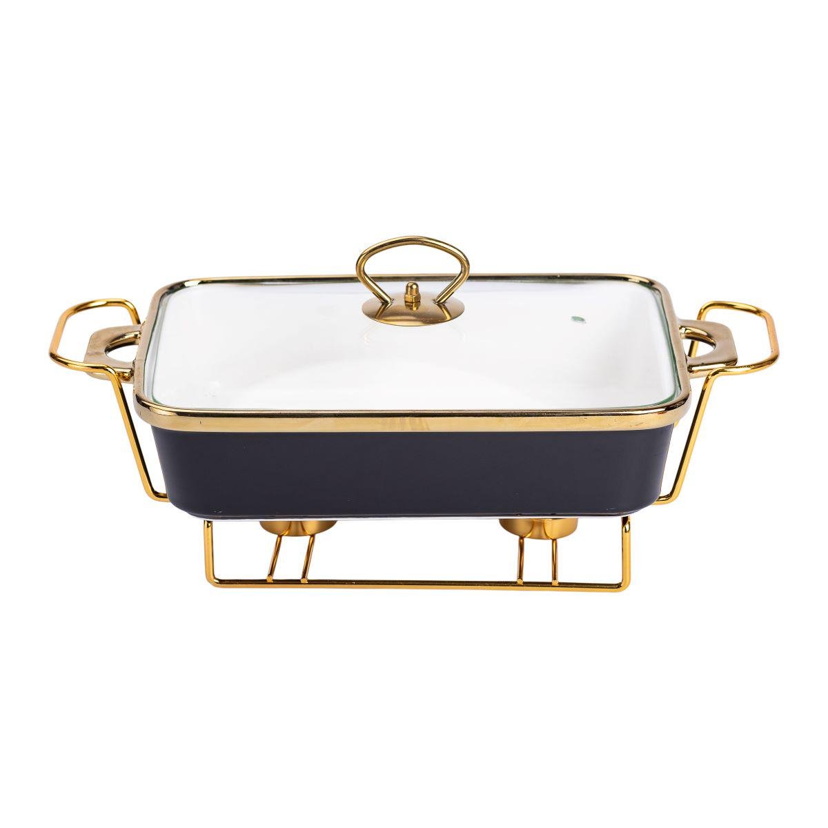 Мармит фарфоровый со стеклянной крышкой на металлической подставке 35,5х19х15,5 см 1,5 л Черный - фото 5