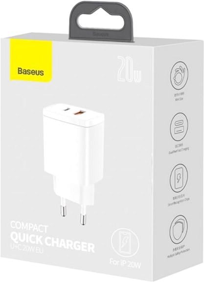 Зарядний пристрій Baseus 20W USB+Type-C Compact Quick Charger QC3.0+PD3.0 3A White (CCXJ-B02) - фото 11