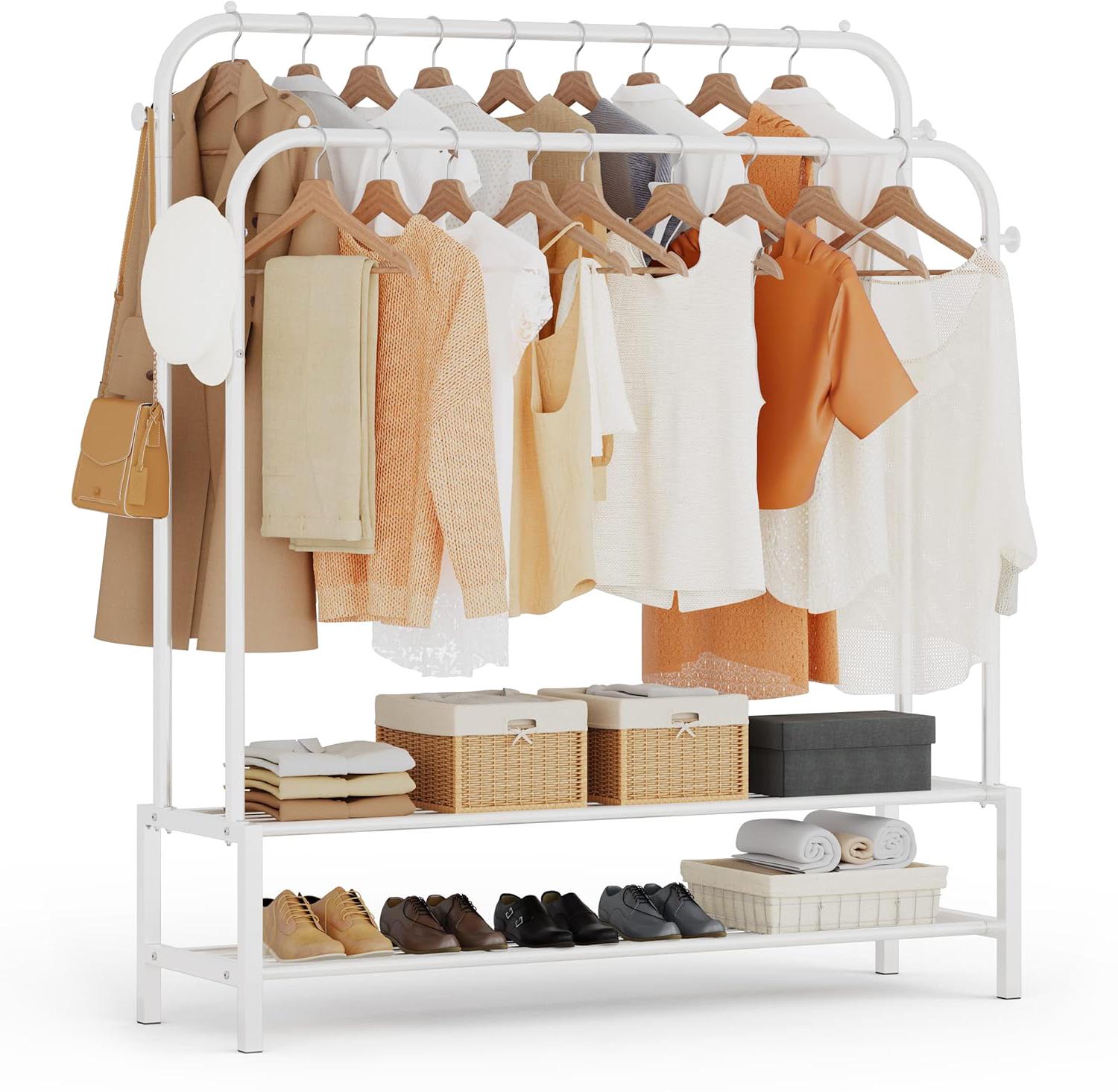 Стойка вешалка для одежды и обуви двойная DOAKT стальная напольная с крючками и колесами XL White (DSV-100WH)