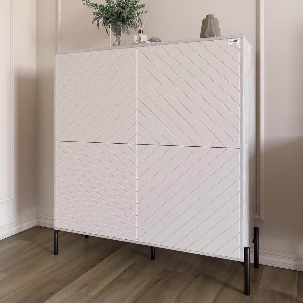 Комод-пенал с черными металлическими ножками Lion Амарант 114х40х126,5 см Бетон/Белый (Lion-042006)