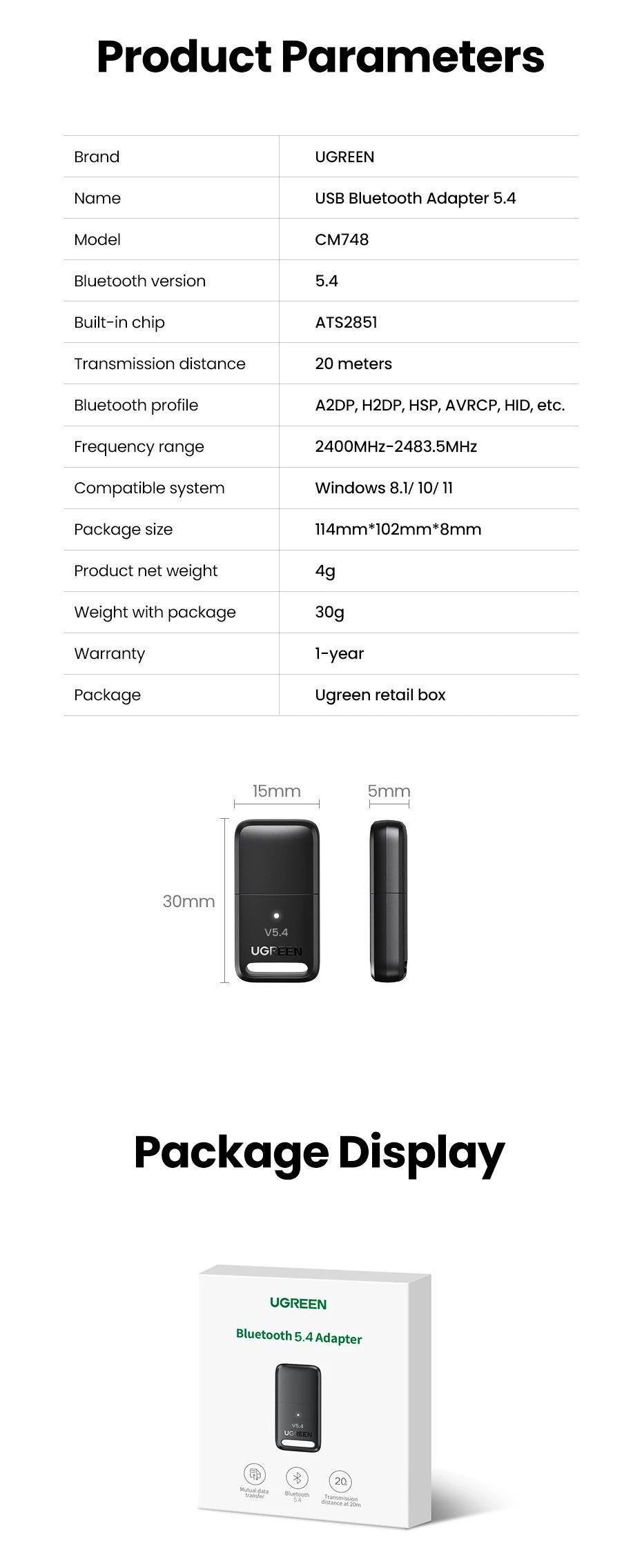Адаптер UGREEN Bluetooth 5.4 приемник-передатчик USB Черный (35058) - фото 5