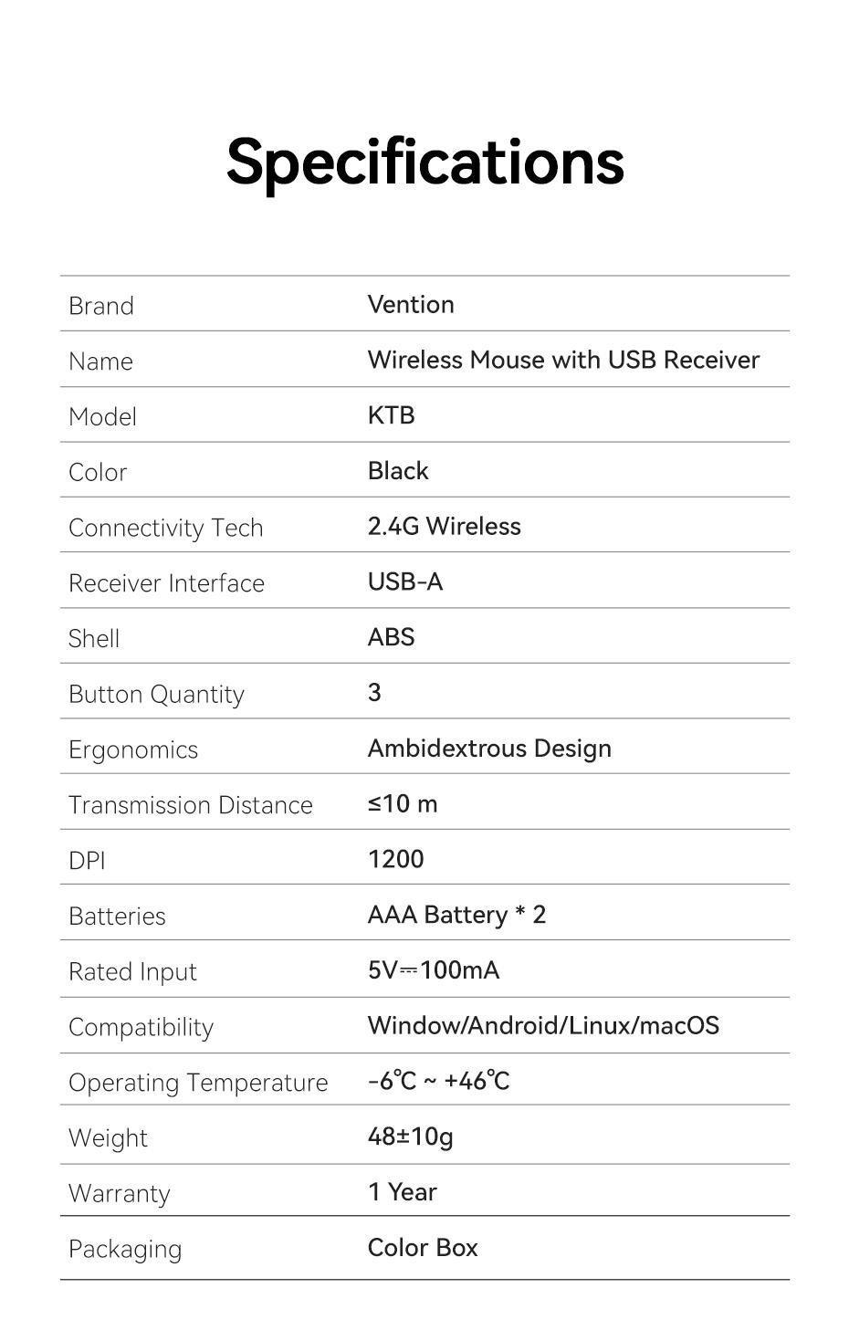 Миша комп'ютерна Vention 2.4G 1200DPI бездротова 3 кнопки USB-A Чорний (KTBB0) - фото 8 Миша комп'ютерна Vention 2.4G 1200DPI бездротова 3 кнопки USB-A Чорний (KTBB0) - фото 8