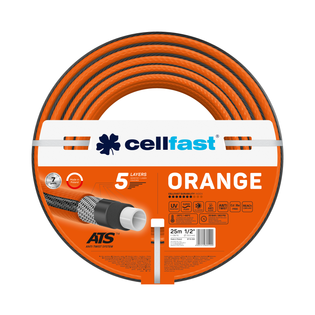 Поливочный шланг Cellfast ORANGE TSV 1/2" 25 м прочный/износостойкий/легкий и гибкий для ежедневного полива