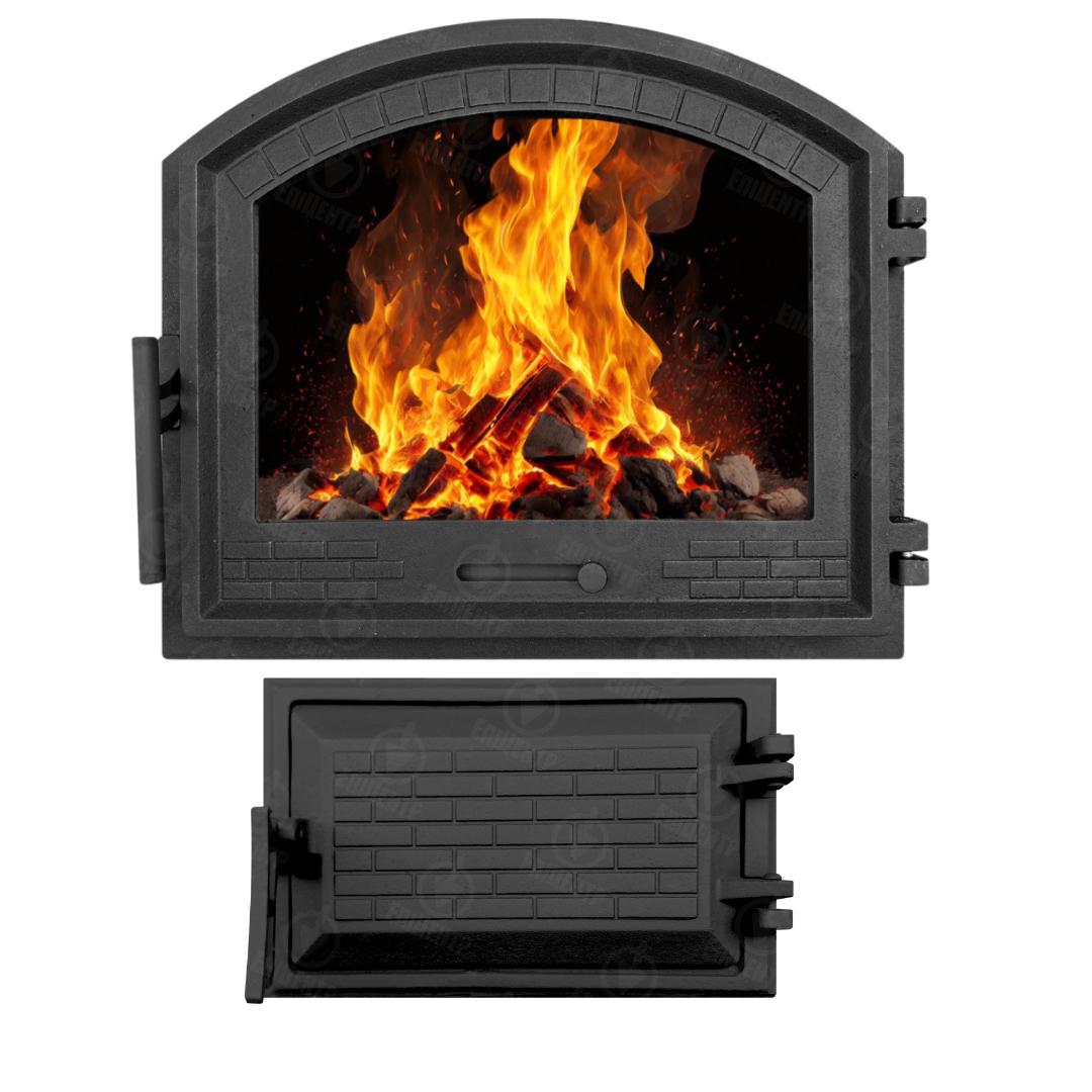 Комплект чавунних дверцят замковий з регулятором тяги з вогнетривким склом 490x420 мм/піддувальний замковий 265x165 мм