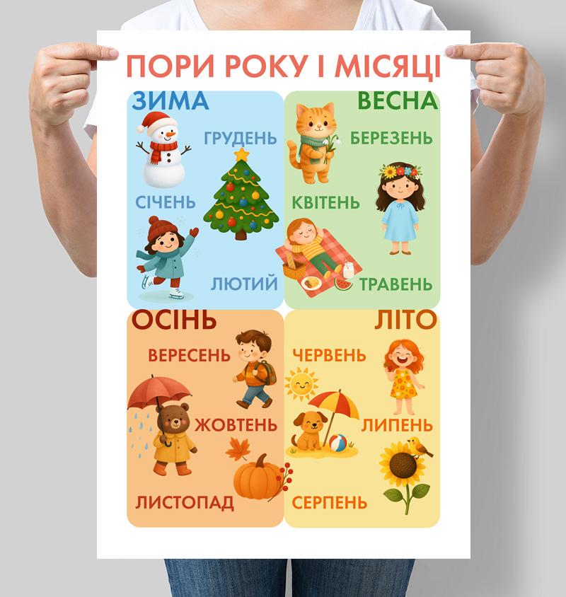 Постер обучающий для детсада и школы Времена года и месяцы 30x42 см A3 без рамки (D199_A3)