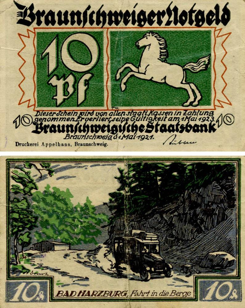 Коллекционная банкнота Германия Нотгельд 10 пфеннигов 1921 F-VF Брауншвейг Разновидность 1 (Б18457)