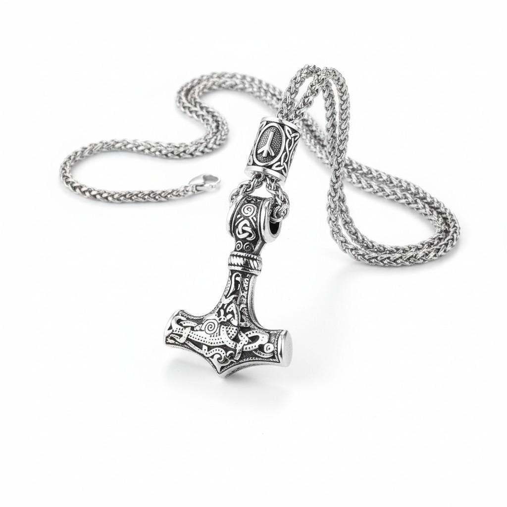 Кулон чоловічий Молот Тора Mjolnir з нержавіючої сталі зі сріблястим рунічним орнаментом та ланцюжком 60 см (2911220203)