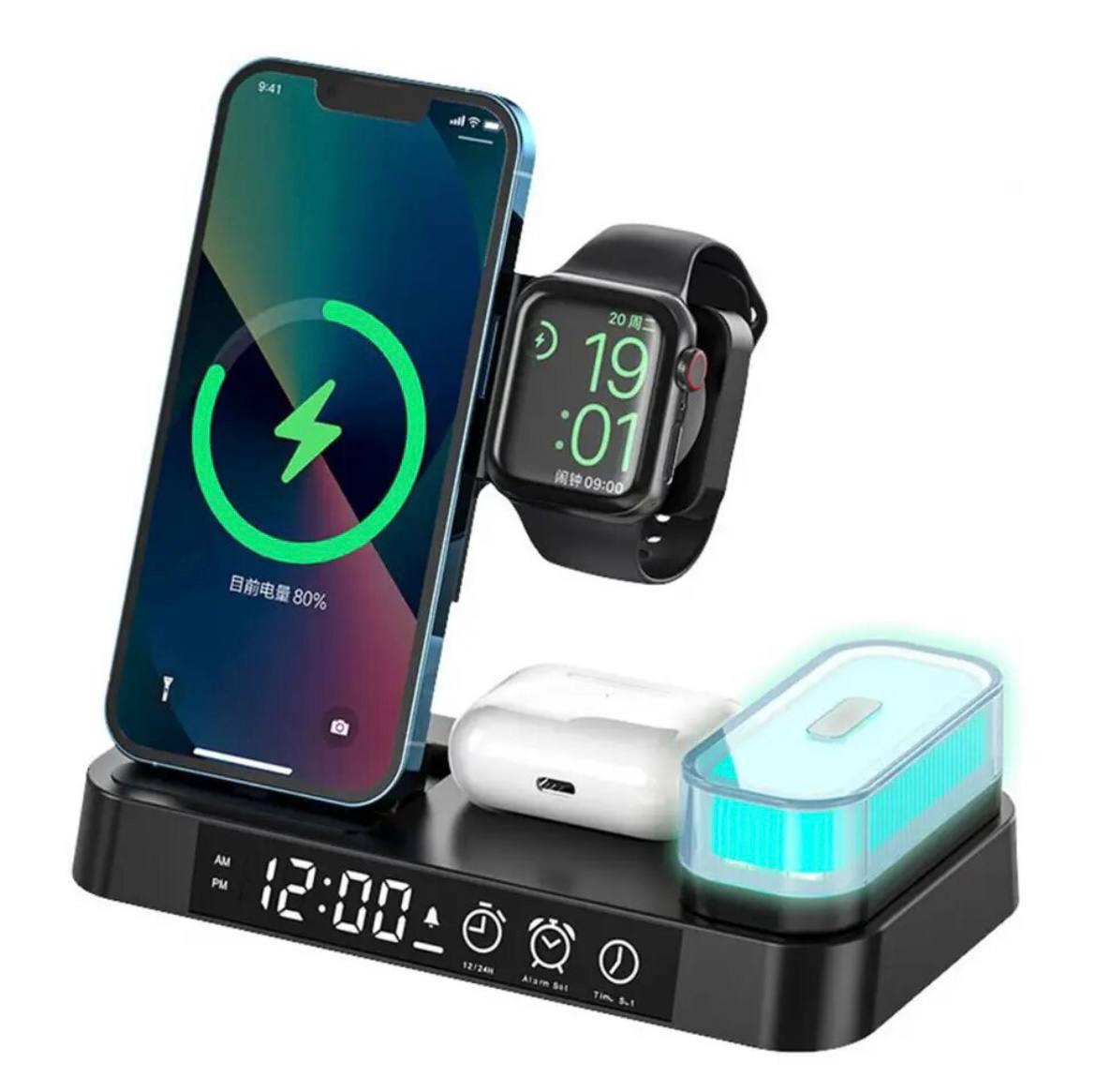 Зарядка бездротова з rgb підсвічуванням і годинником для apple watch Iphone airpods 5в1 Чорний