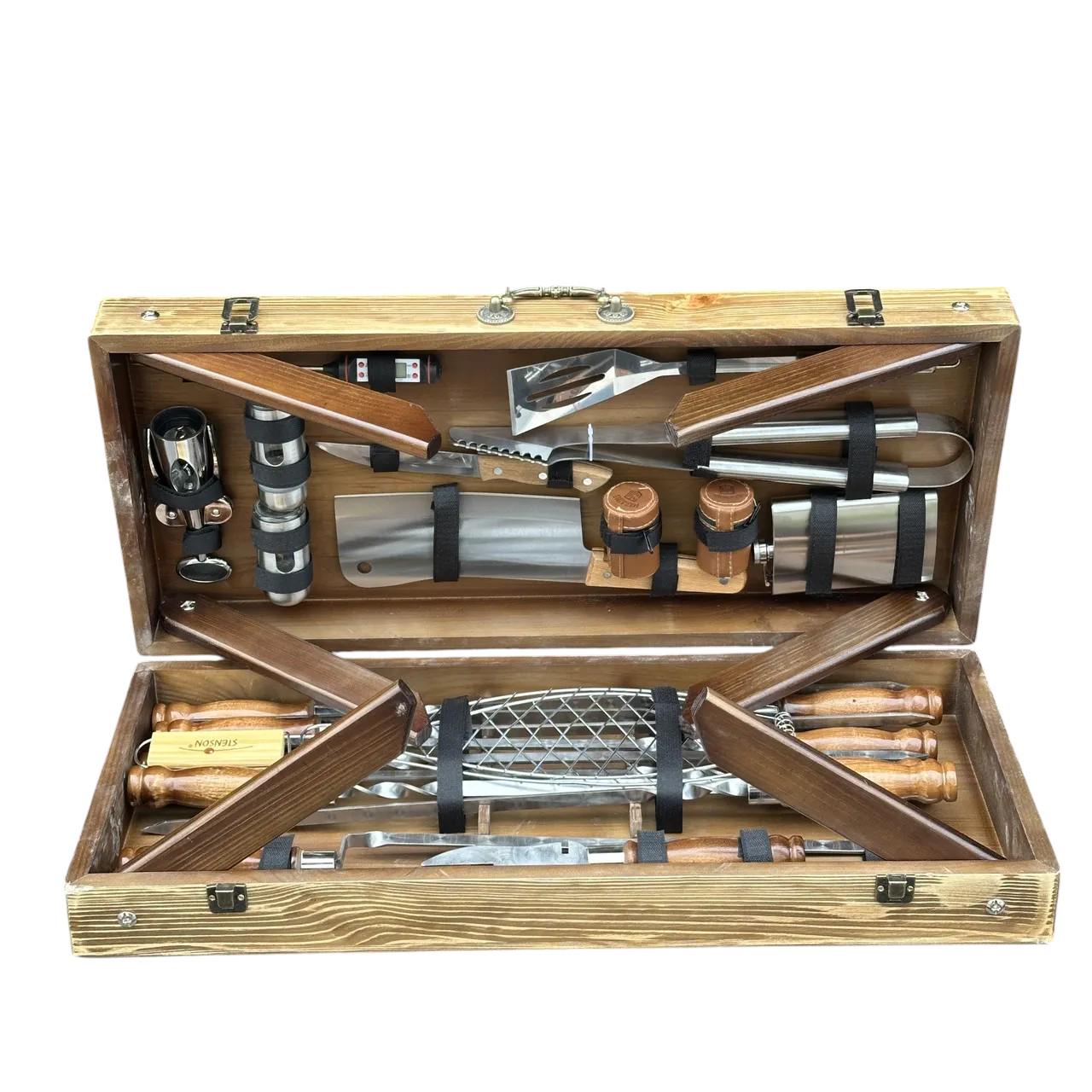 Набор шампуров с аксессуарами Mzavod Мастер Гриль из нержавеющей стали в деревянном кейсе-столе 680x300x110 мм Светлый (136-17-1191610000852)