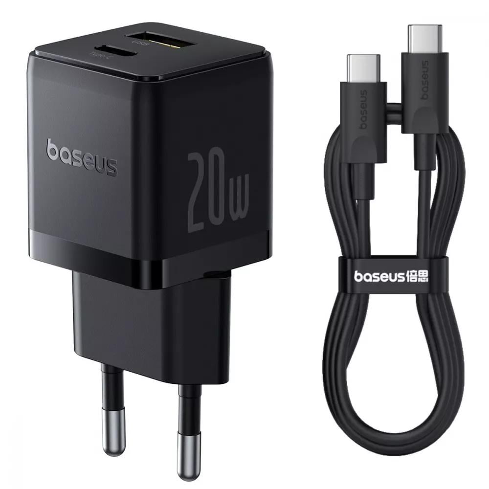 Адаптер мережевий BASEUS 20W P10111608113-01 два порти та кабель USB-C швидка зарядка Чорний (618371)