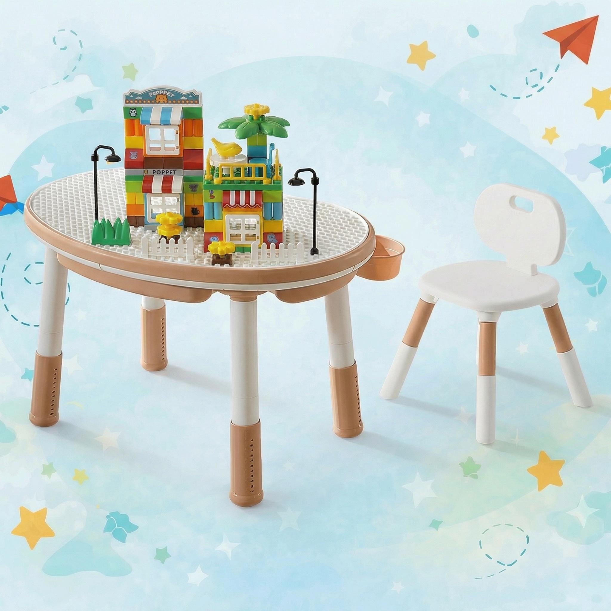 Столик детский со стульчиком Poppet Мультиплей 5в1 с конструктором Дом мечты Бежевый (PP-SET-011B-03)