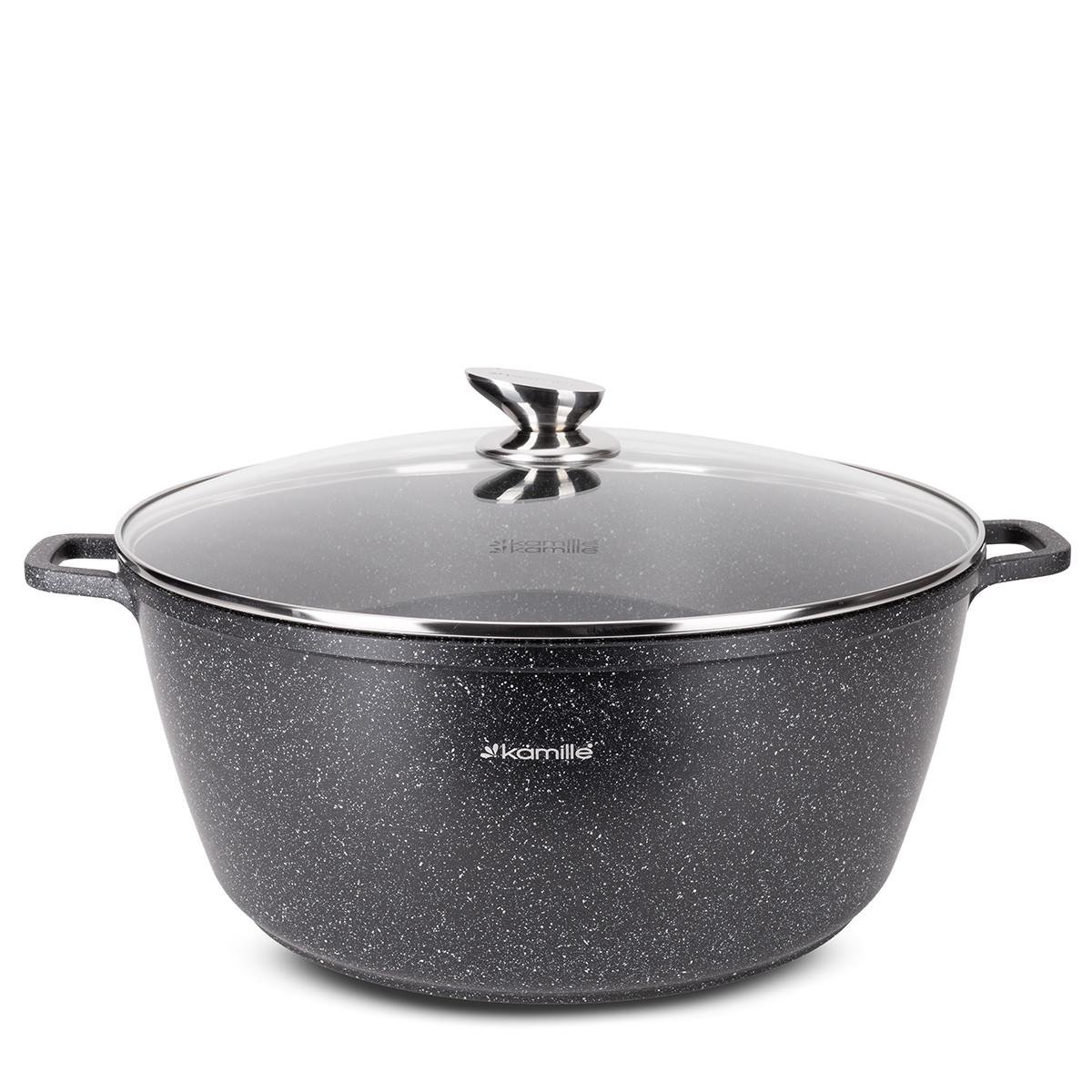 Кастрюля со стеклянной крышкой и антипригарным покрытием Kamille КМ-4482 из литого алюминия 13,5 л Черный мрамор (150-84-4482) - фото 1