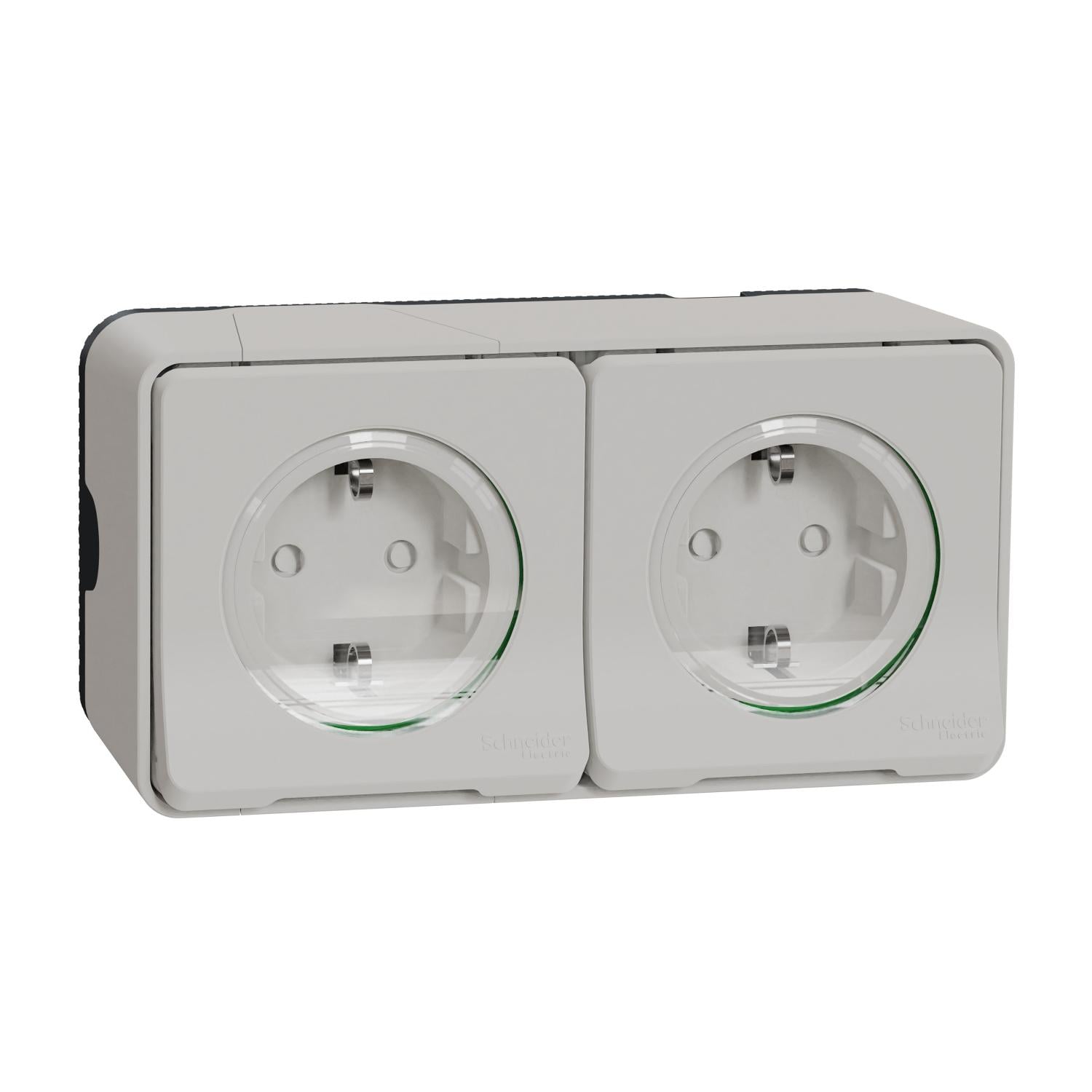 Блок из двух розеток Schneider Electric ПП Mureva Styl с заземлением и шторками IP55 Белый (MUR39035)