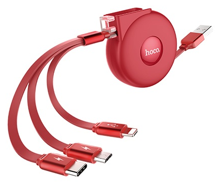 Кабель-рулетка Hoco U50 combo 3в1 Micro-USB/Lightning/Type-C Червоний - фото 2