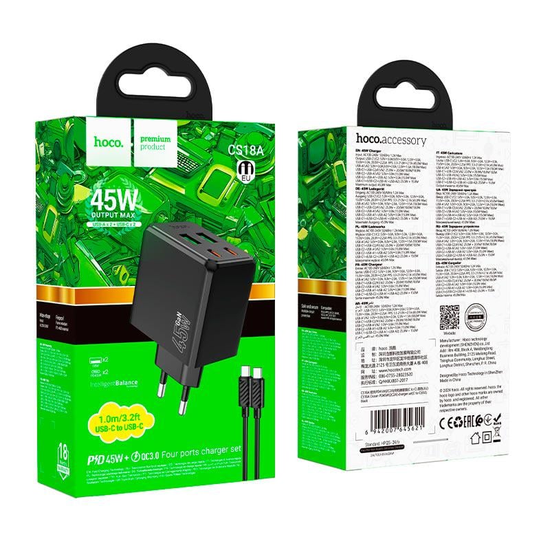 Зарядное устройство Hoco CS18A 45 Вт с кабелем Type-C to Type-C Черный (27457350) - фото 6 Зарядное устройство Hoco CS18A 45 Вт с кабелем Type-C to Type-C Черный (27457350) - фото 6