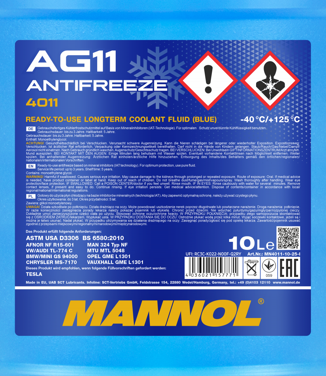 Антифриз Mannol 4011 Longterm Antifreeze AG11 -40°C готовий розчин 10 л Синій (MN4011-10) - фото 2 Антифриз Mannol 4011 Longterm Antifreeze AG11 -40°C готовий розчин 10 л Синій (MN4011-10) - фото 2